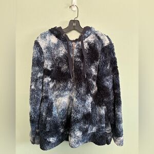 Te Verde Blue Tie Dye Faux Shearling Quarter Zip Hoodie Size L